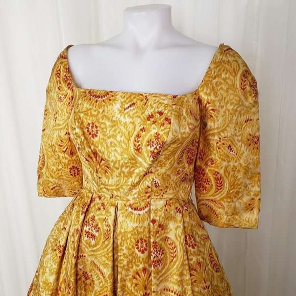 Vintage  B. Altman poof dress tulle layered yellow gold red floral square neck - Picture 2 of 16